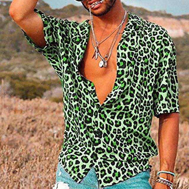 Levoire | Chemise Homme Manches Courtes Chemise d'Été avec Motif Léopard Vert