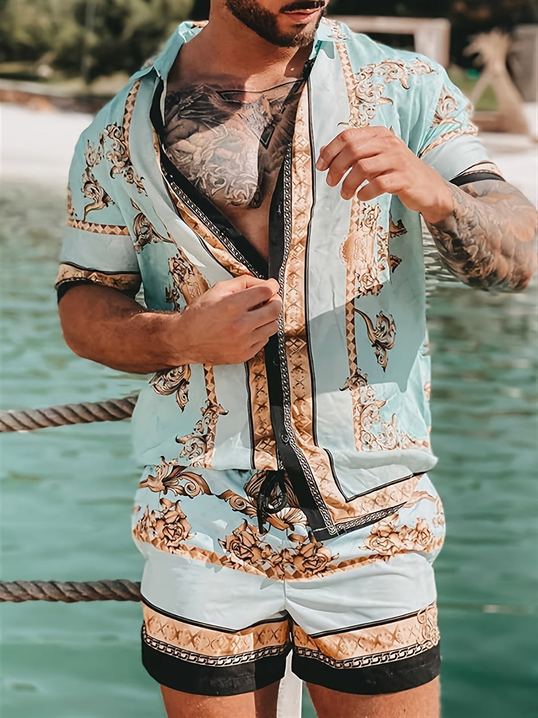 Levoire | 2 Pièces Costume Homme Avec Motif Floral Doré Vert