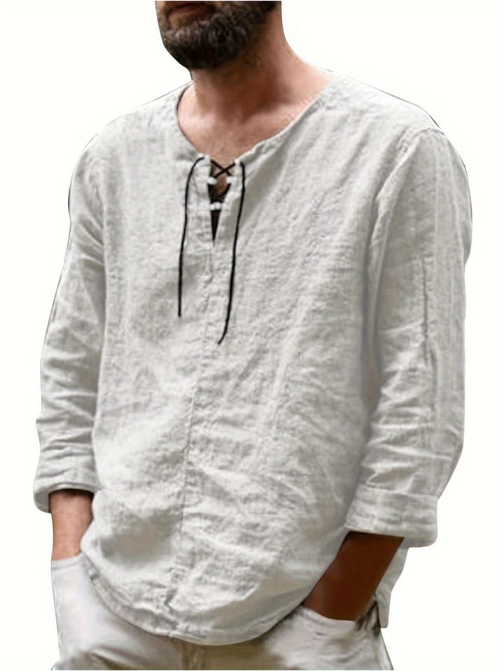 Levoire | T-Shirt Henley À Manches Longues En Mélange Coton-Lin Printemps/Automne