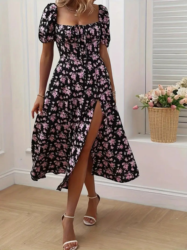 Levoire | Robe En A-Ligne Avec Imprimé Floral Et Manches Bouffantes Pour Le Printemps Et L'Été Rosa Fleur