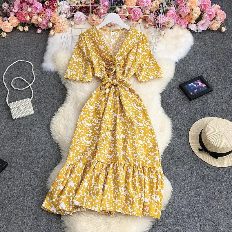 Levoire | Robe à fleurs à encolure en V avec manches bouffantes Jaune Une taille