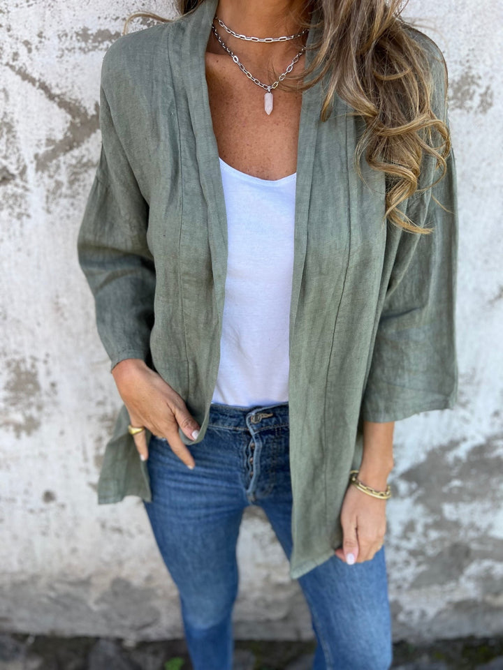 Levoire | Gilet En Lin Avec Volants Et Manches 3/4 Vert