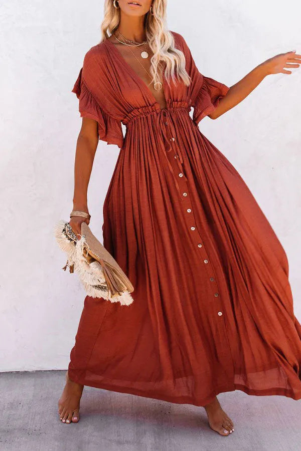 Levoire | Fairy Air Robe à encolure en V et à manches volantées Rouge Taille unique