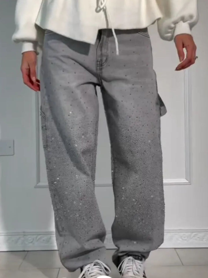 Levoire | Jean Pour Femmes Lavé Avec Des Détails En Strass Dans Une Coupe Large Gris