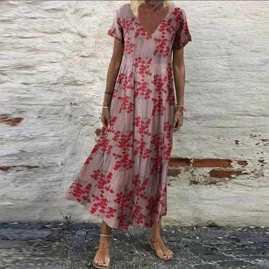 Levoire | Robe à fleurs Élégance Estivale en Coton et Rayonne Rouge et Rose