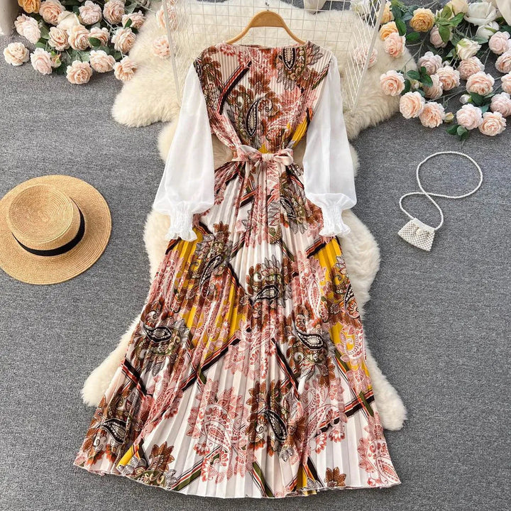 Levoire | Robe avec imprimé ethnique pour femmes, dotée d'un motif floral à nouer Bloc Gelber Taille libre