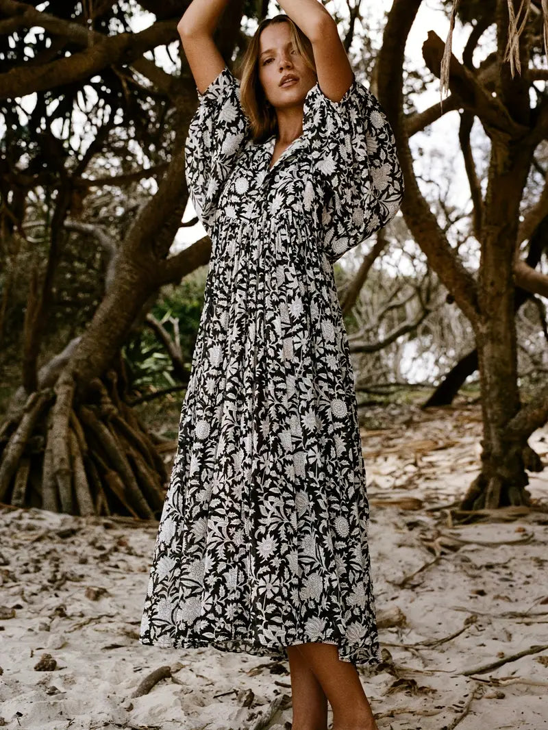 Levoire | Robe Maxi Boho Décontractée Avec Noeuds Décolleté En V Et Manches Courtes