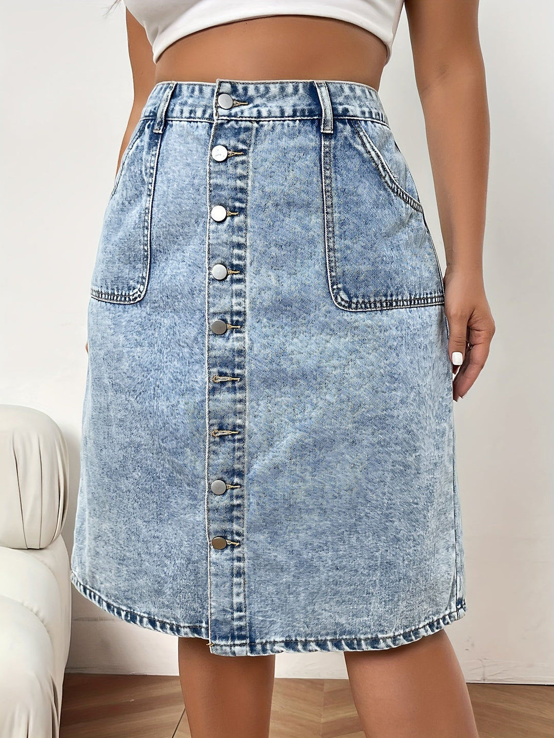 Levoire | Monocouleur Jupe En Denim Lavé Bleu Bleu