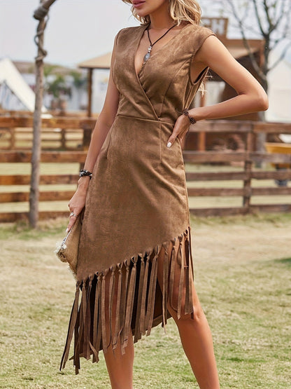 Levoire | Robe élégante pour femme avec décolleté en V et glands - Chameau Chameau