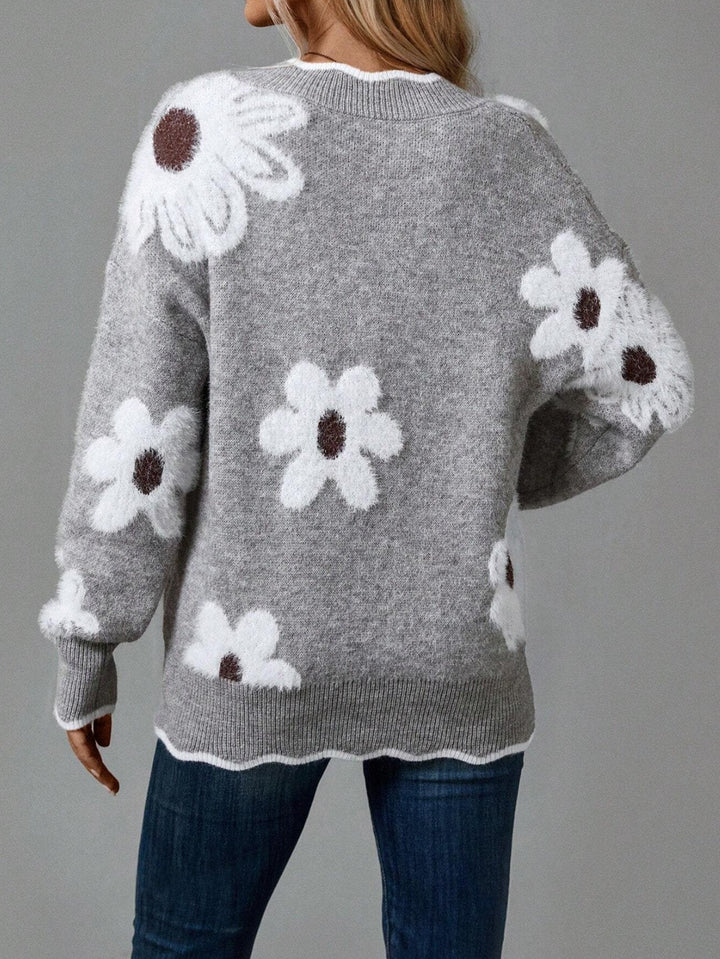 Levoire | Comfortable V Neck Floral Sweater With Long Sleeves