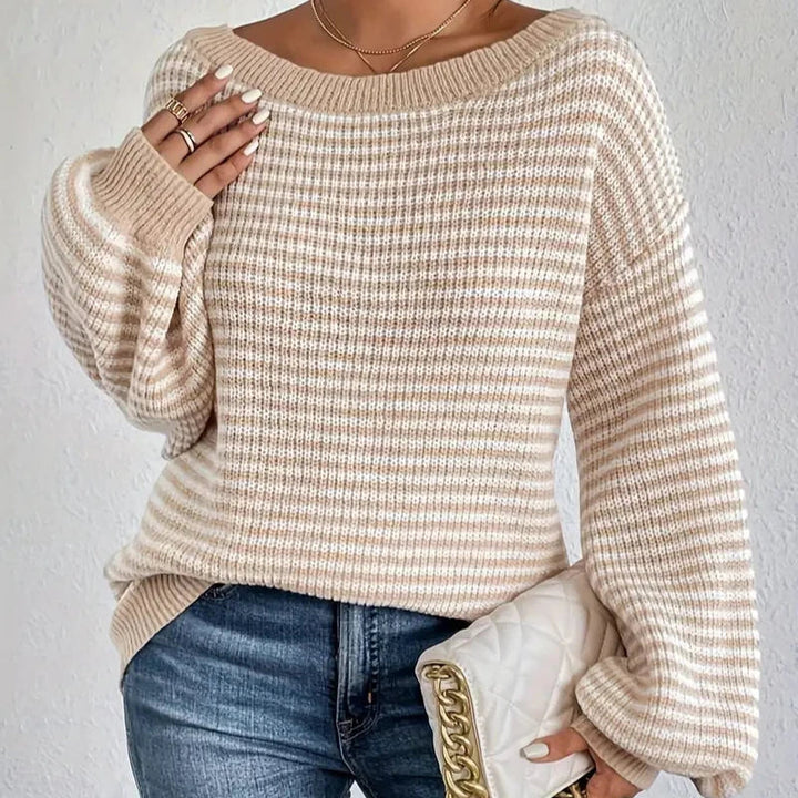 Levoire | Pull Décontracté À Épaules Dénudées À Manches Longues Avec Motif Rayé Abricot