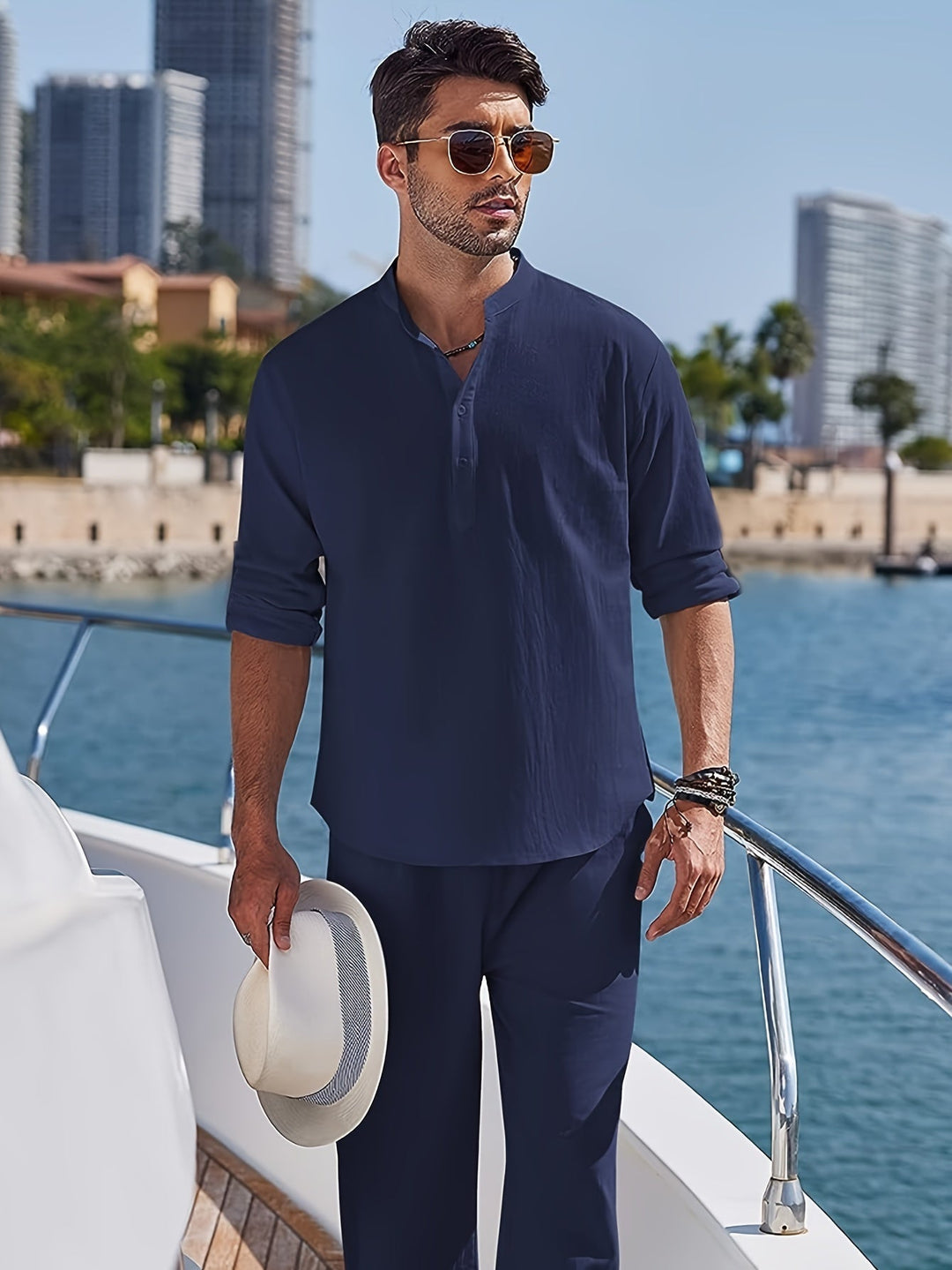 Levoire | T-Shirt Henley Homme Style Rétro À Manches Longues Uni Merimustan