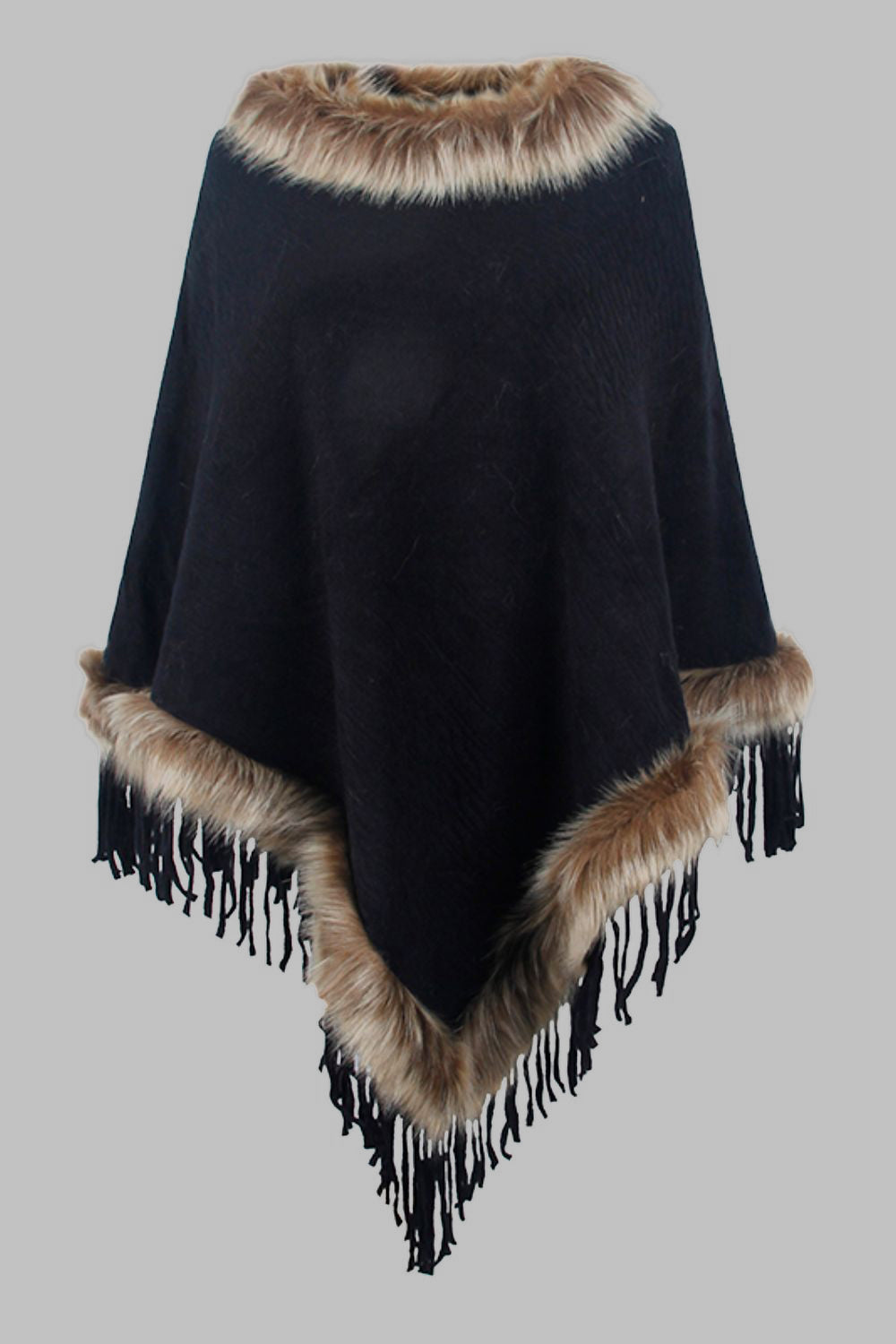 Levoire | Poncho De Luxe Avec Des Feuilles Et Col En Fausse Fourrure Noir Une taille