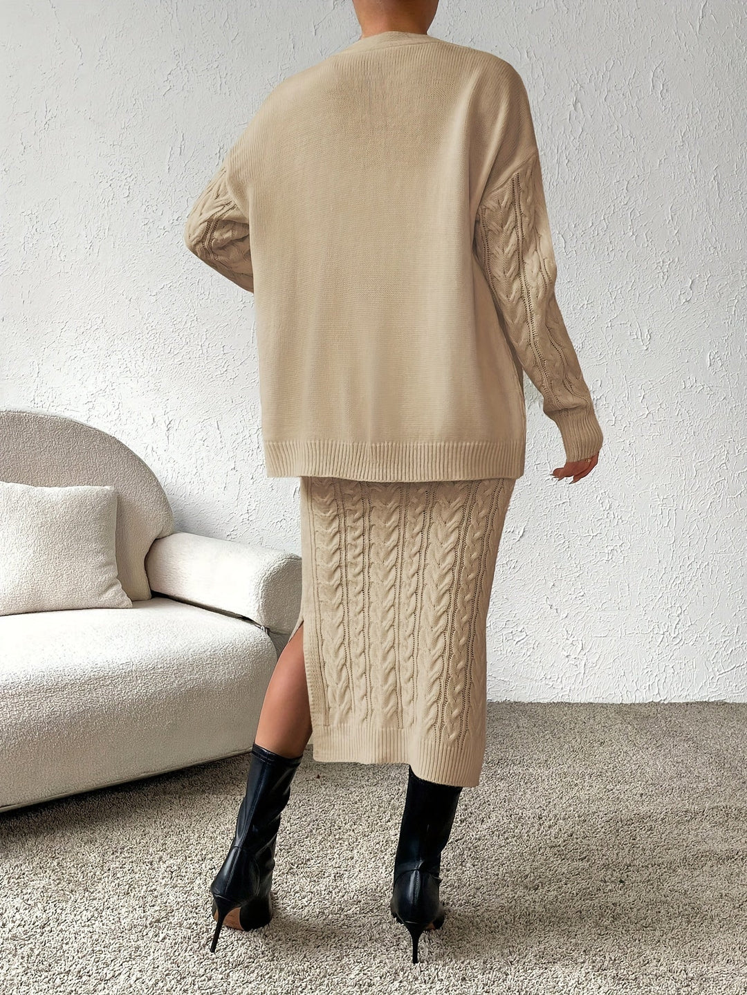 Levoire | Motif Tressé Jupe En Tricot, Élégant, Décolleté Boutonné À L'Avant, Épaules Tombantes, Cardigan À Manches Longues Et Jupe Fendue, Taille Haute, Étroite, Tenues Pour Femmes