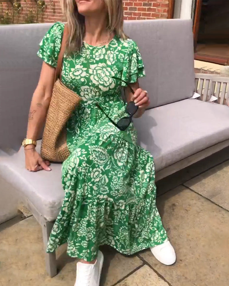 Levoire | Robe Longue Avec Motif Floral Et Manches Courtes Vert