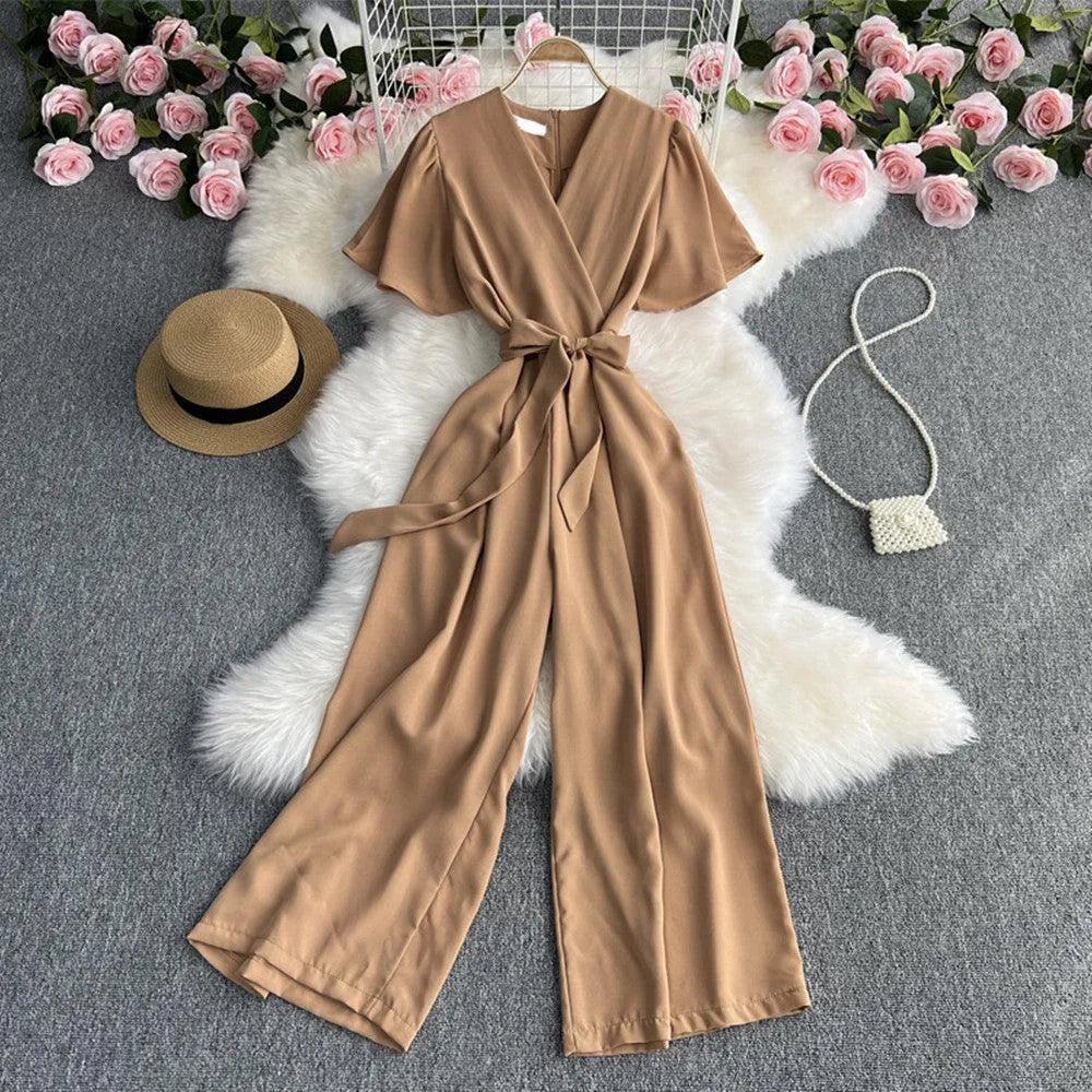 Levoire | Retro Temperament Combinaison à Manches Courtes Col en V Khaki Une taille