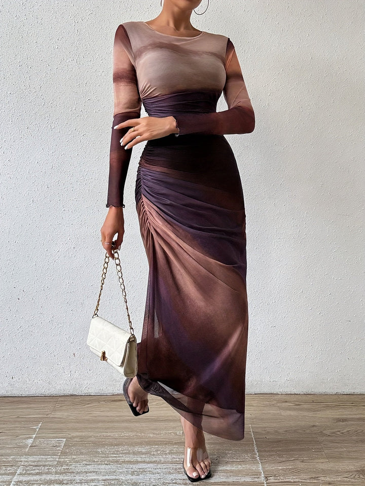 Levoire | Robe Maxi Froncée Et Ajustée Avec Motif Tie-Dye, Élégante Robe À Manches Longues Avec Encolure Ronde Pour Le Printemps Et L'Automne, Vêtements Femme