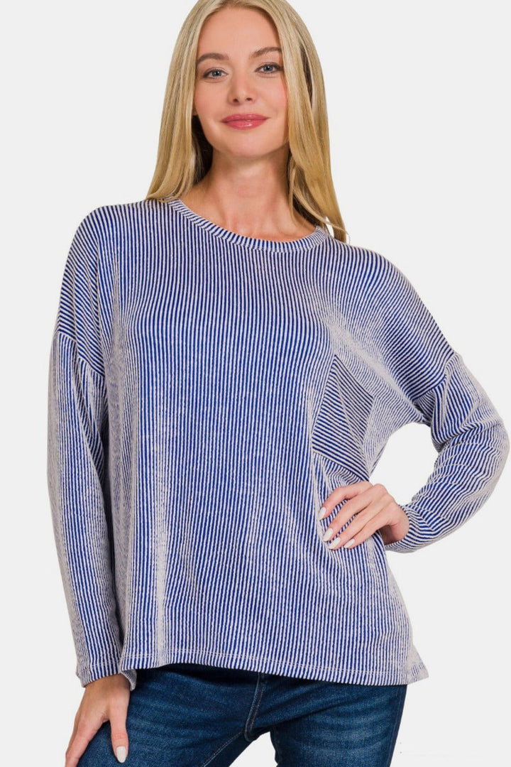 Levoire | Zenana Rayé Côtelé T-shirt à Manches Longues Bleu Clair