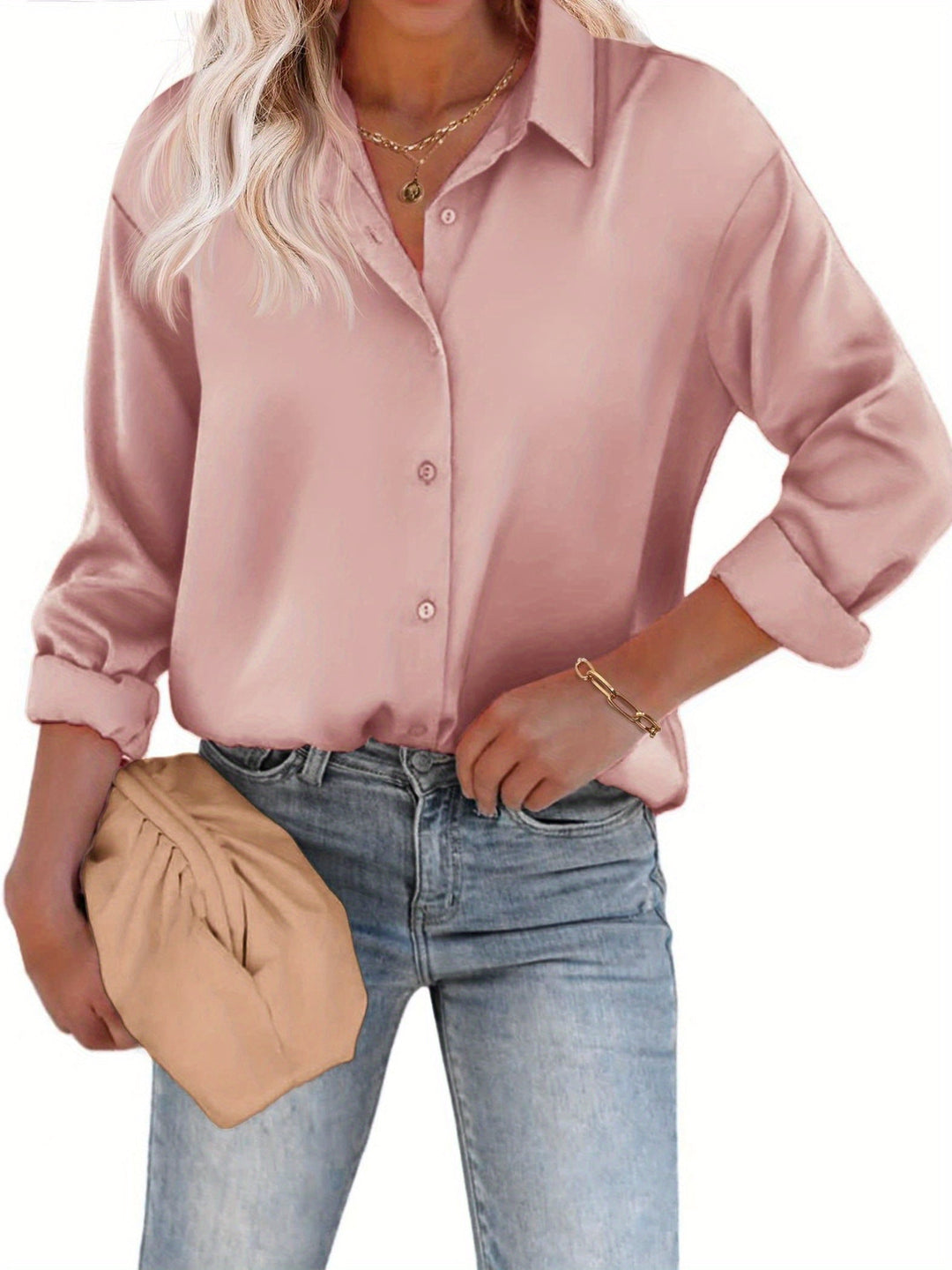 Levoire | Top Satin Décontracté Avec Bouton Et Manches Longues Rosa