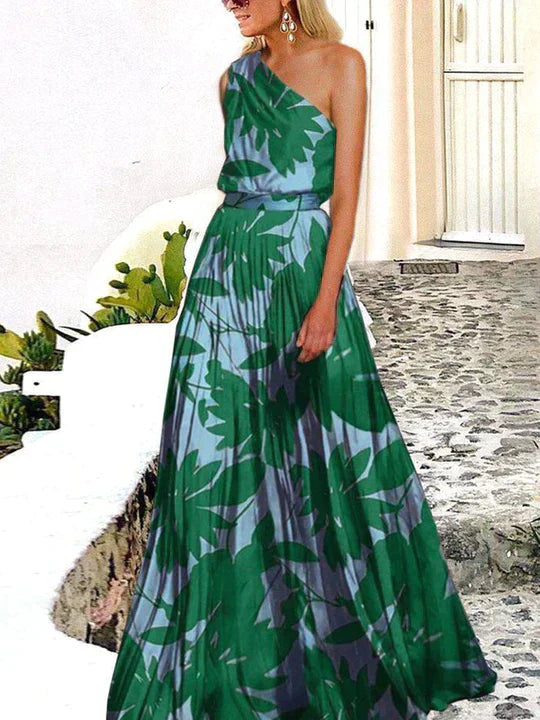 Levoire | Robe Maxi Imprimée Avec Zone D'Épaule Asymétrique Vert