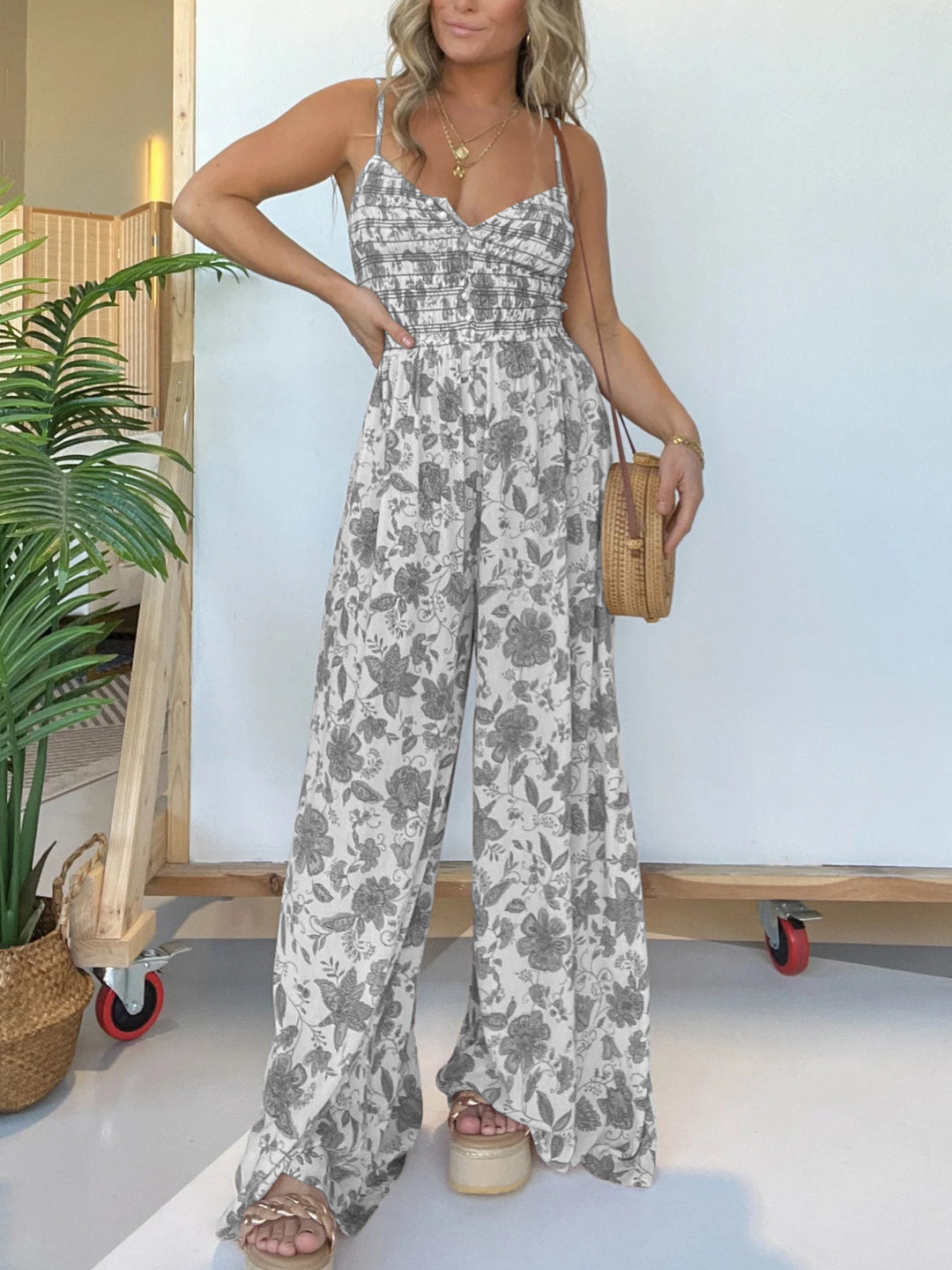 Levoire | Nouvelle Combinaison Fleurie Avec Pantalons Amples Blanc Gris