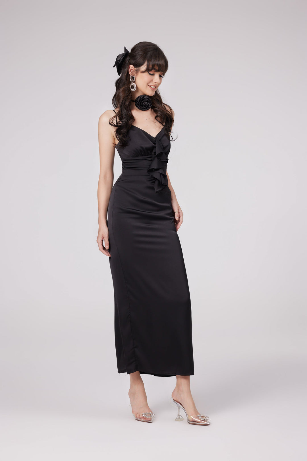 Levoire | Robe Midi Noire À Fleurs