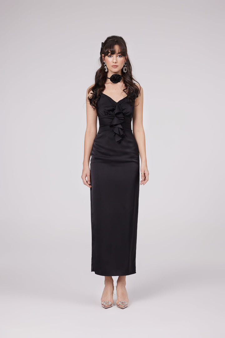 Levoire | Robe Midi Noire À Fleurs
