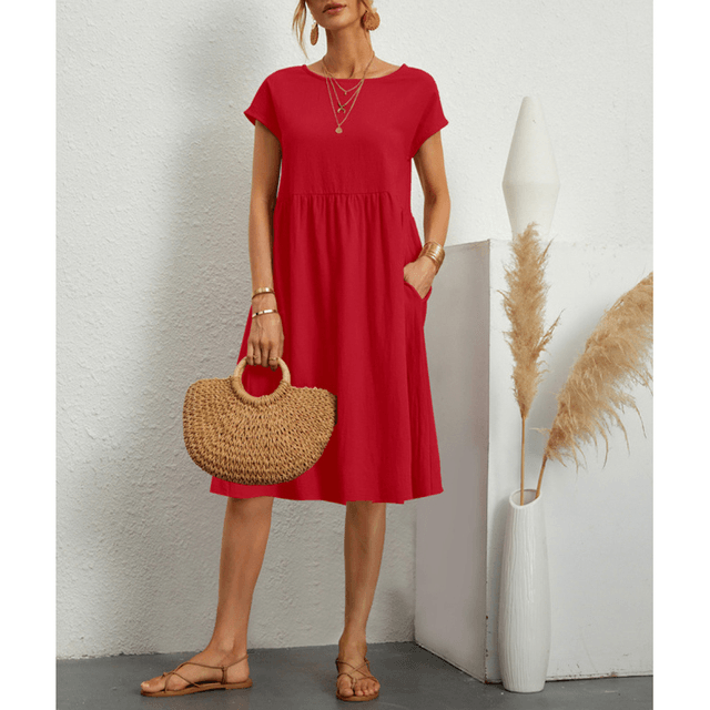Levoire | Coton Lin Robe Midi À Manches Courtes Rot