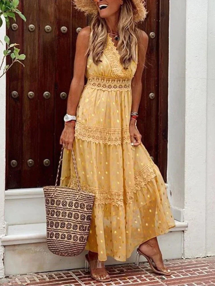 Levoire | Robe Longue Élégante Avec Détails En Dentelle Jaune