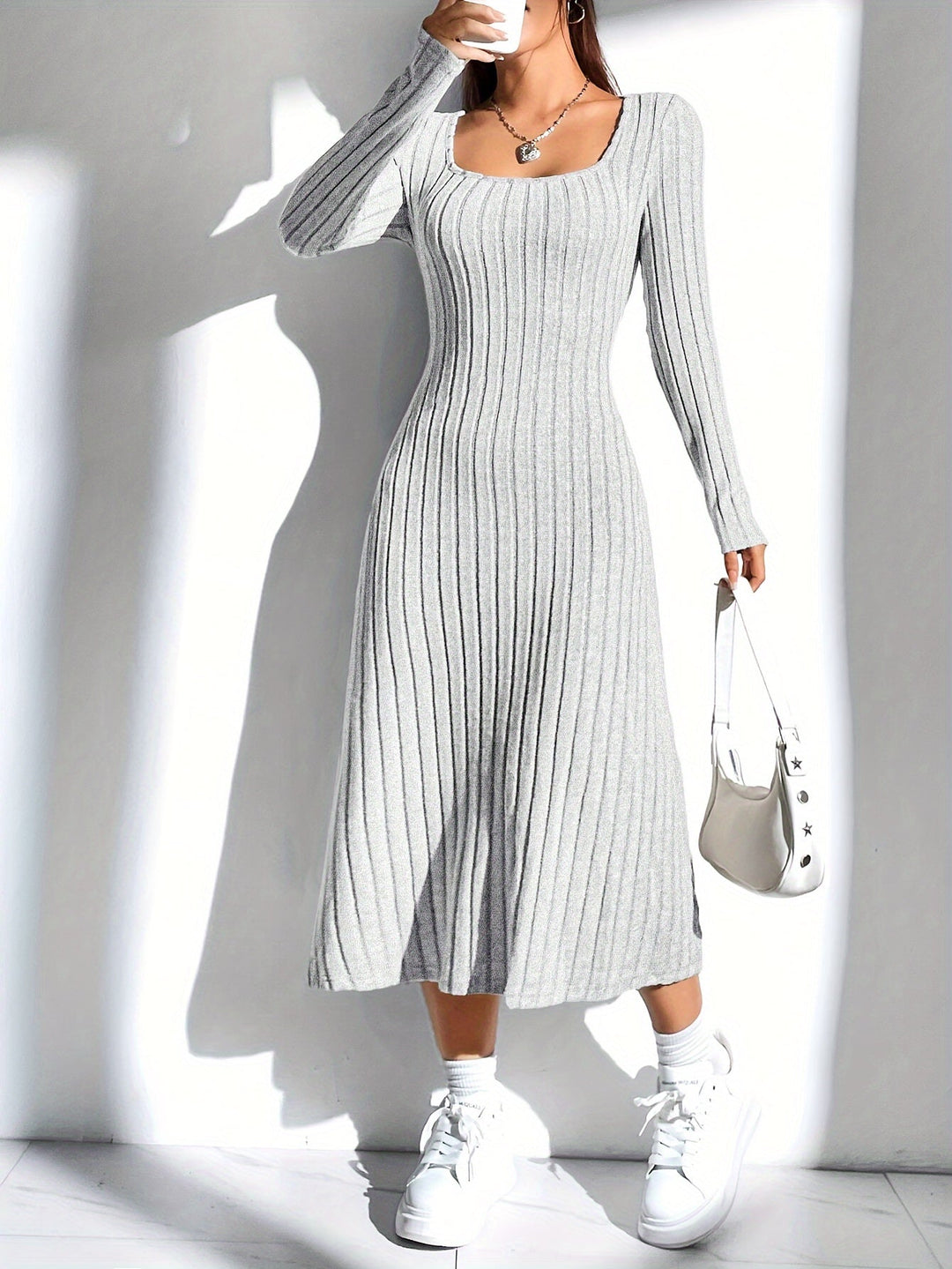 Levoire | Robe A-Ligne À Manches Longues Côtelée En Couleur Unie Gris argenté