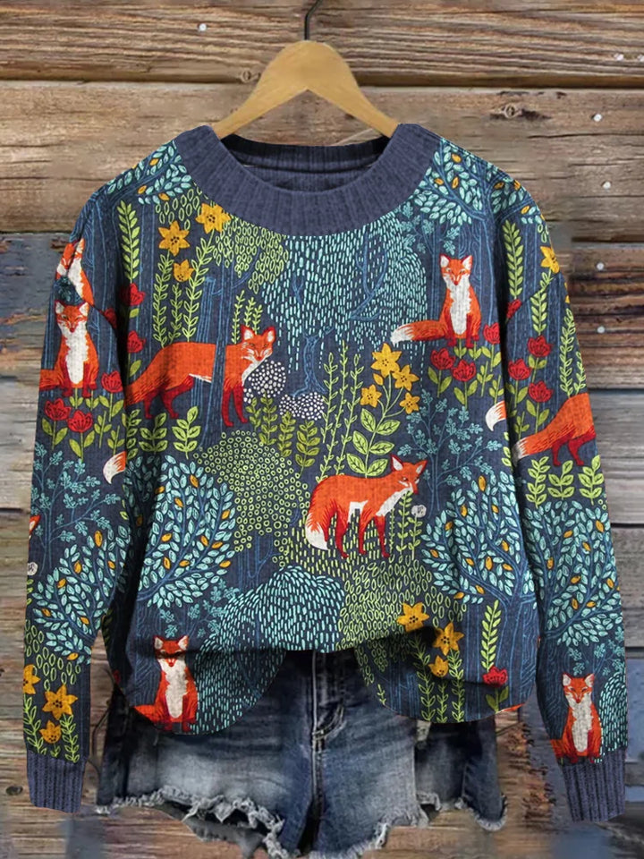 Levoire | Pull Gris Vintage Avec Motif Forestier Unique Bleu