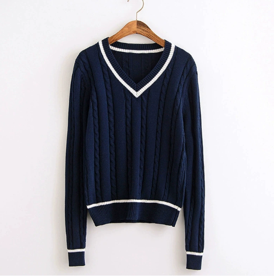 Levoire | Pull en laine pour femmes Pull à col en V Style Universitaire, Pull en laine décontracté