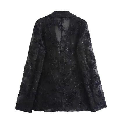 Levoire | Blazer Élégant Noir Avec Broderie De Fleurs 3D