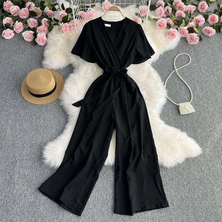 Levoire | Retro Temperament Combinaison à Manches Courtes Col en V Noir Une taille