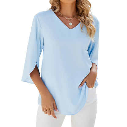 Levoire | Chemises femme manches courtes tops encolure à revers chemise tunique élégante Bleu ciel