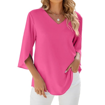 Levoire | Chemises femme manches courtes tops encolure à revers chemise tunique élégante Rose rouge