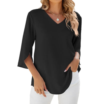 Levoire | Chemises femme manches courtes tops encolure à revers chemise tunique élégante Noir