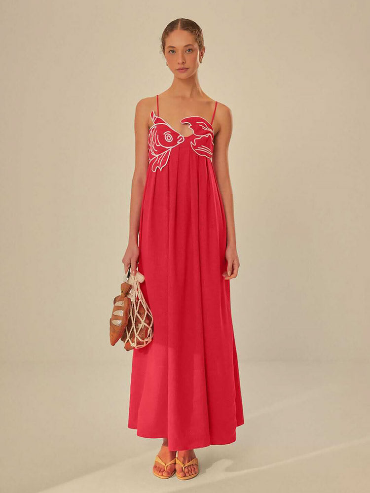 Levoire | Maxi Robe En Mélange De Lin Avec Broderie De Poisson