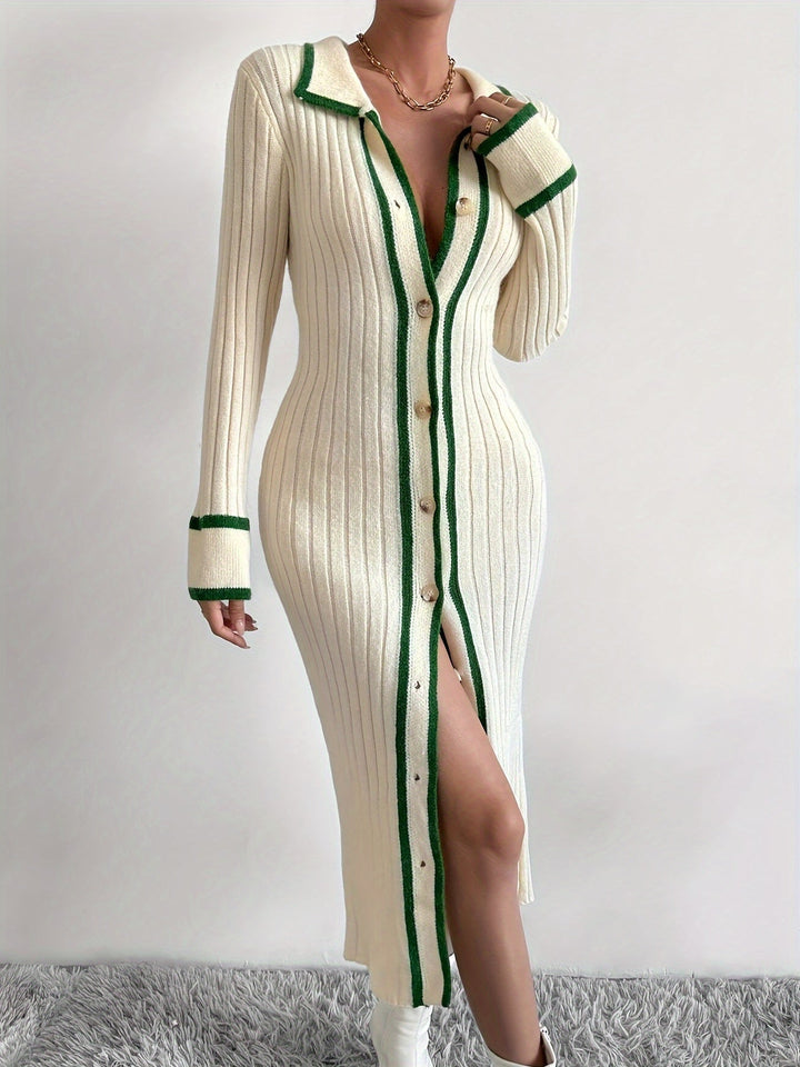 Levoire | Décoration Contrastante Et Patte De Boutonnage À L'Avant, Robe Élégante Et Étroite Avec Col Long Pour Le Printemps Et L'Automne, Vêtements Pour Femmes