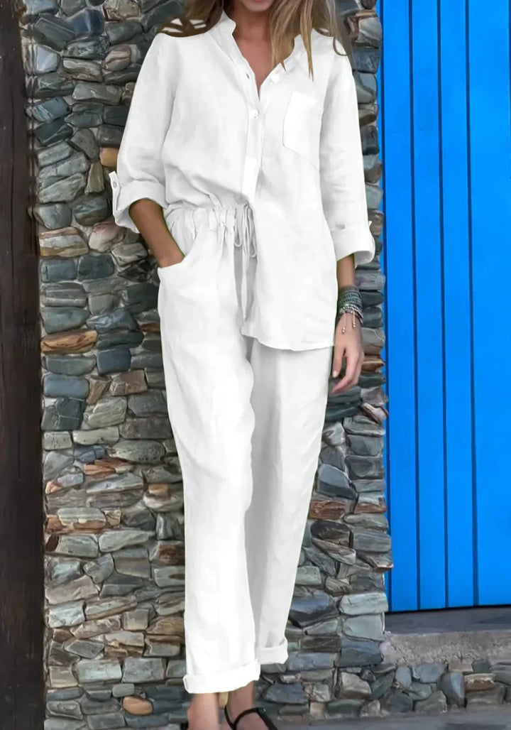 Levoire | T-Shirt Décontracté À Col En V & Ensemble Pantalon En Coton-Lin Blanc