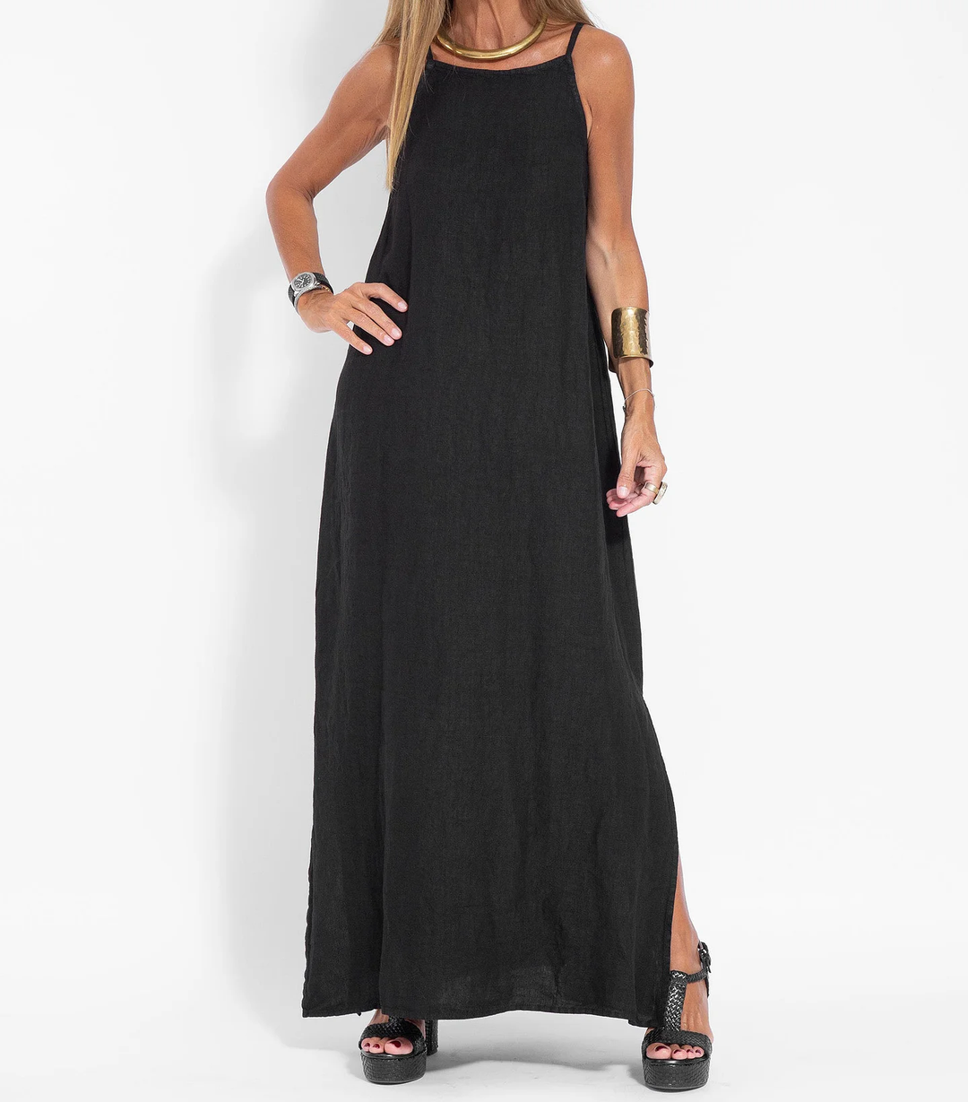 Levoire | Élégante Robe Longue Sans Manches en Coton et lin de Couleur Unie