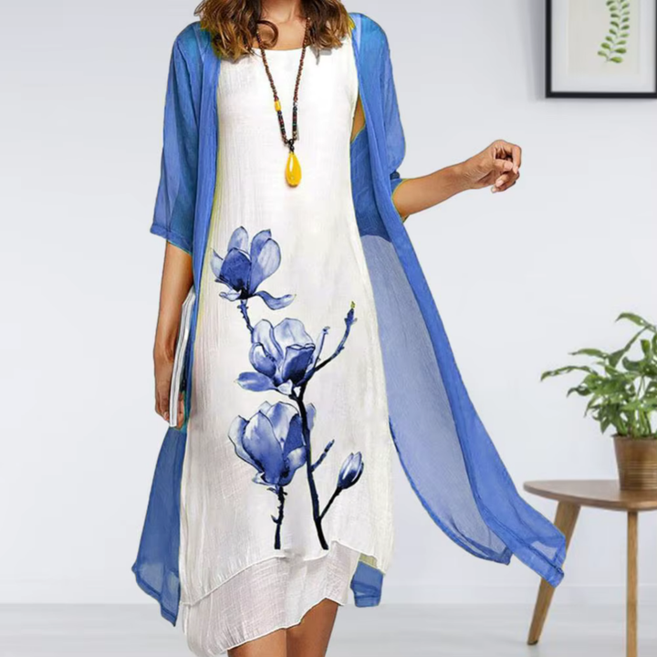 Levoire | Robe Midi Florale Art Décorée Pour Femmes Bleu