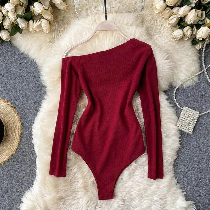 Levoire | Body à manches longues sans épaules avec motif diagonal pour femmes Rot Une taille