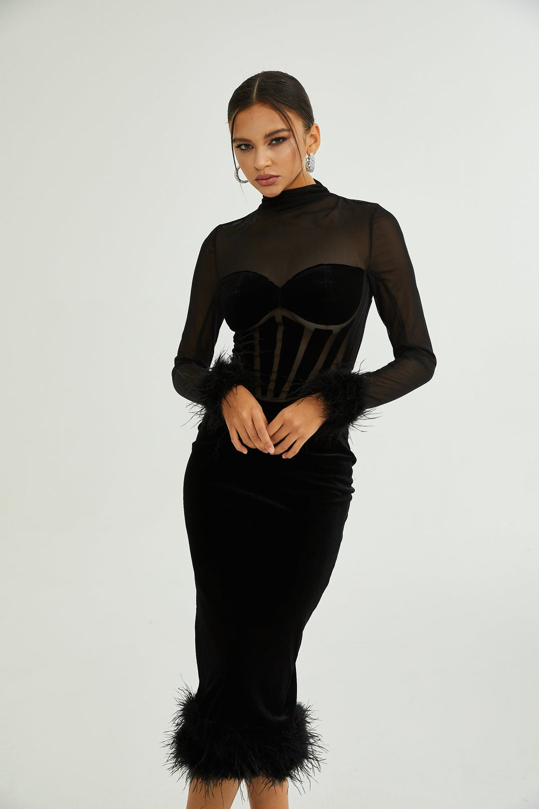 Levoire | Avec Des Plumes Velours Midi Robe