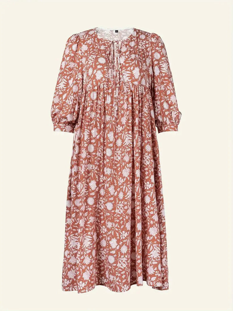 Levoire | Robe Maxi Boho Décontractée Avec Noeuds Décolleté En V Et Manches Courtes Orange + Blanc
