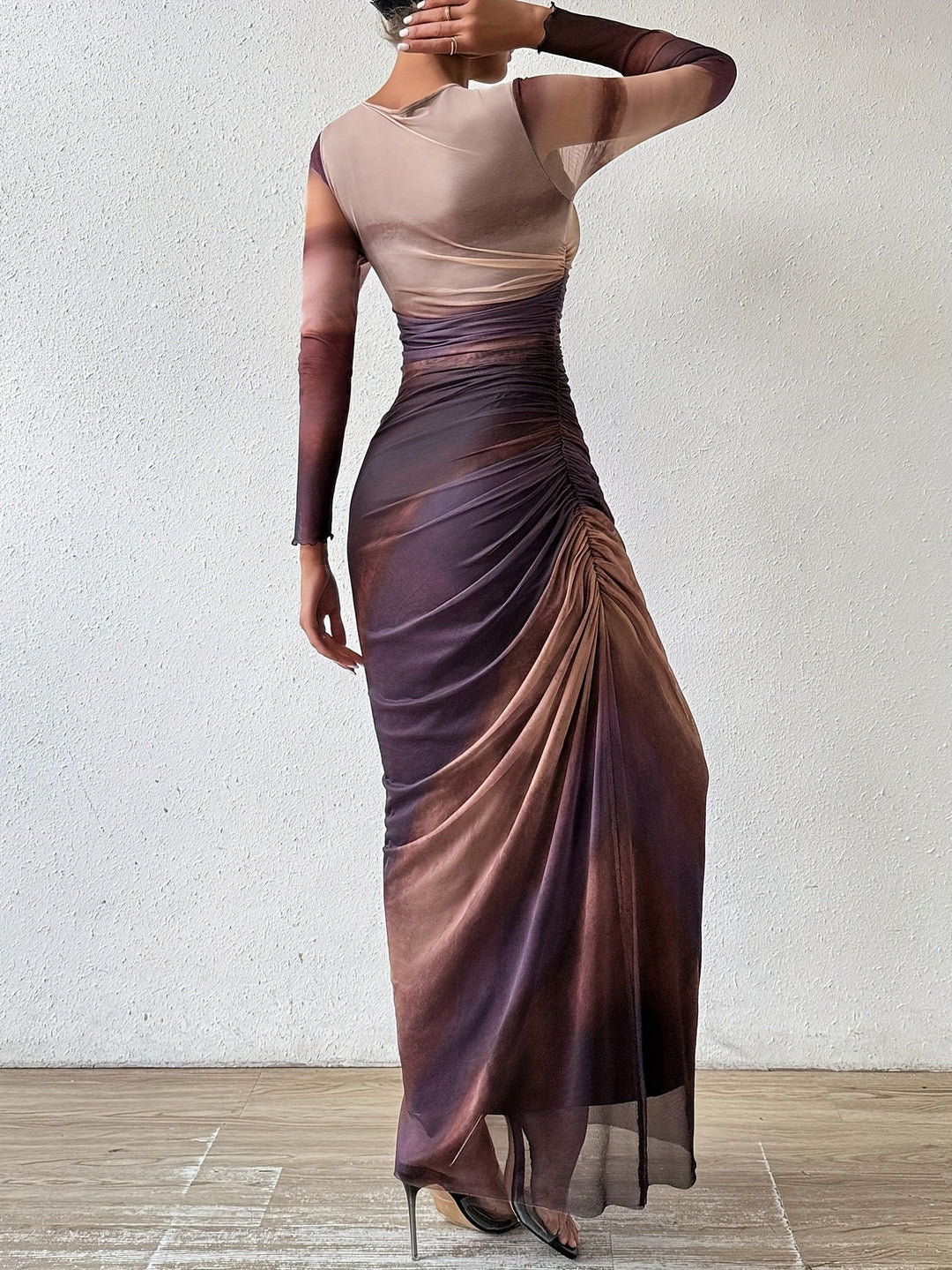 Levoire | Robe Maxi Froncée Et Ajustée Avec Motif Tie-Dye, Élégante Robe À Manches Longues Avec Encolure Ronde Pour Le Printemps Et L'Automne, Vêtements Femme