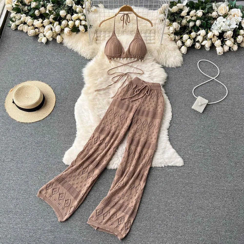 Levoire | Pantalons larges, droits à taille haute avec jambes larges et top Khaki Une taille