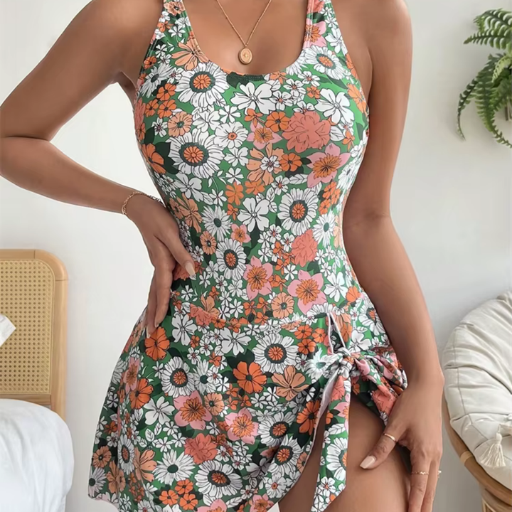 Levoire | Robe Mini Florale, Gérée Avec Nœud Latéral Pour Femmes Grünblütig