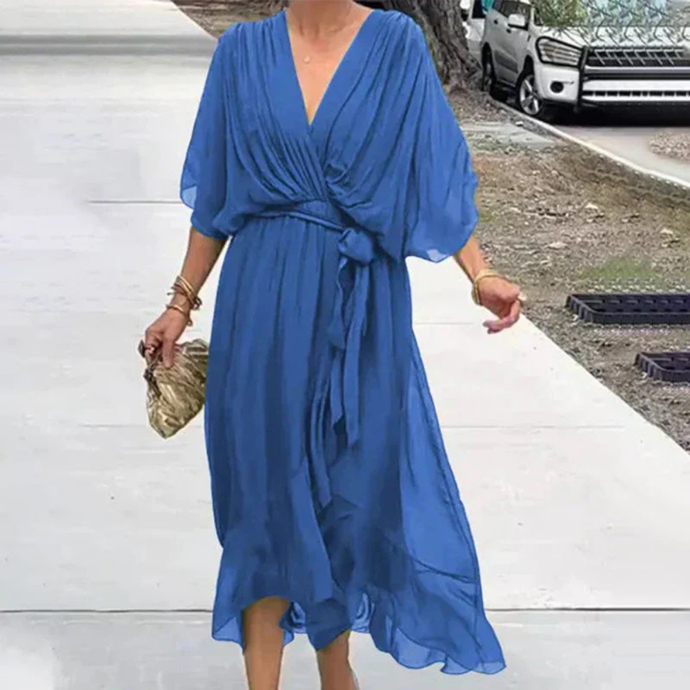 Levoire | Robe Midi Fluide Avec Ceinture À La Taille Bleu