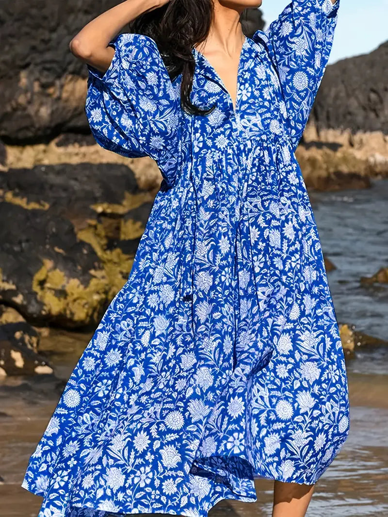 Levoire | Robe Maxi Boho Décontractée Avec Noeuds Décolleté En V Et Manches Courtes